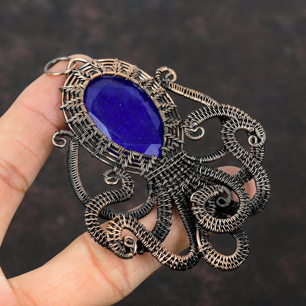 Faceted Blue Sapphire Pendant Copper Wire Wrapped Pendant Handmade Jewelry Wonderful Gemstone Pendant Copper Octopus Jewelry Engagement Gift