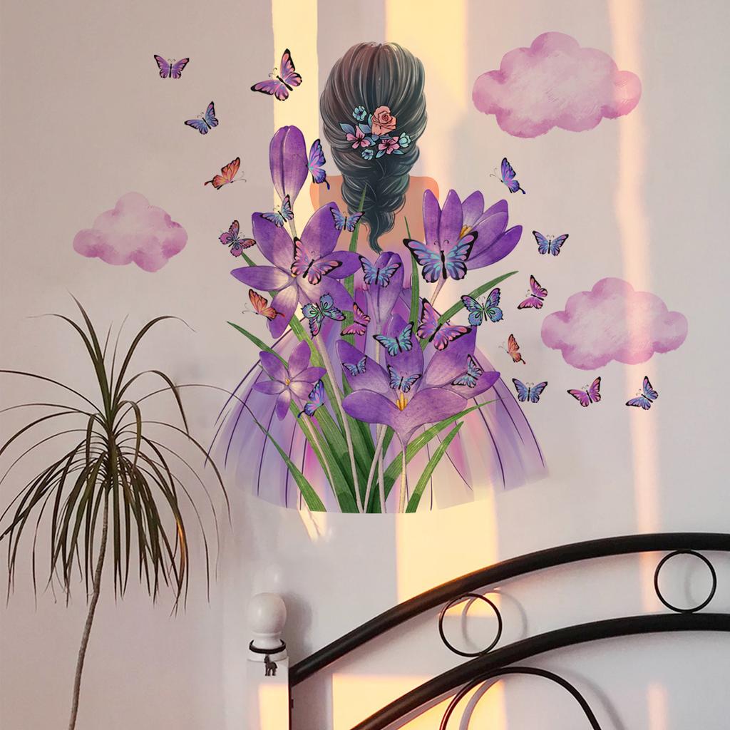 Mädchen Schmetterling Blume Wolken Selbstklebende Wandaufkleber für Zimmer Dekoration Schlafzimmer Aufkleber
