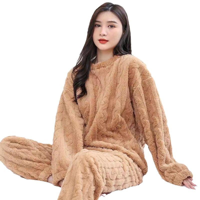 Coral Fleece Pajama Set Women's Yoga Sets Warm Windproof Jacquard Set Winter Thick Soft Fleece Women's Couple Casual Coldproof