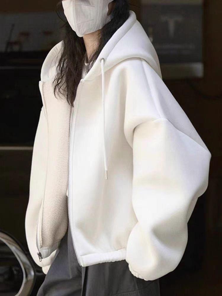 Women's 2024 White Velvet-Lined Hooded Zip-Up Sweatshirt: Cozy, Thick, Loose-Fit Jacket for Autumn/Winter