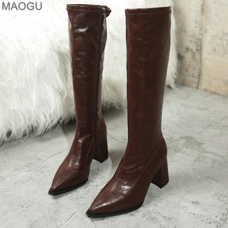 Pu Leather Black Women's Knee-High Riding Boots Pointed Toe Chunky High Heel Fashion Long Boots Brown Size 35-42 Botas Mujer