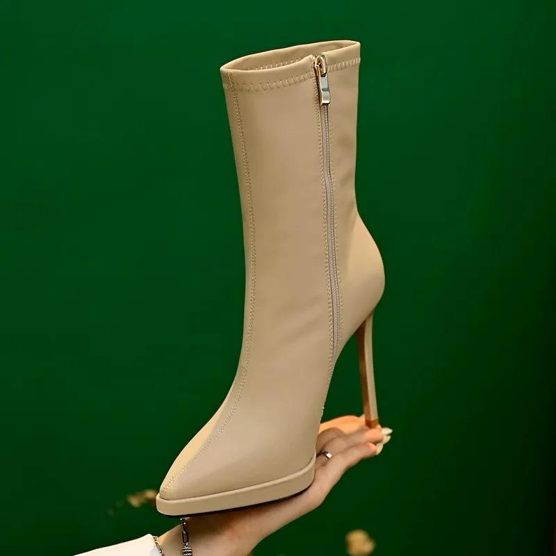 2024 New Womens High-heeled Mid Calf Boots with Side Zipper Pointed Toe Thin Heel Anti Slip Waterproof Winter PU Fashion Boots