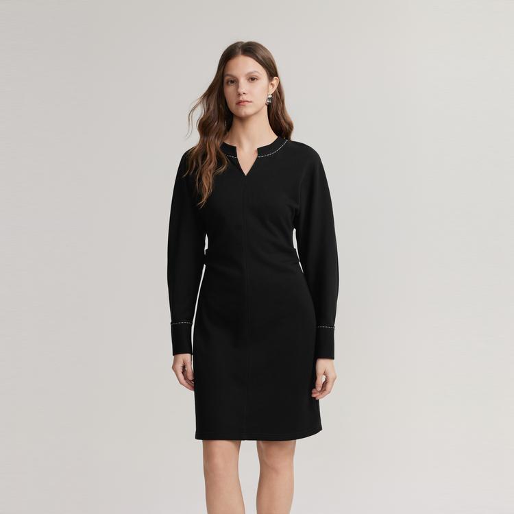 ELLE Elegant V-Neck Solid Color Midi Dress With Long Sleeves Women dresses Black EL48980