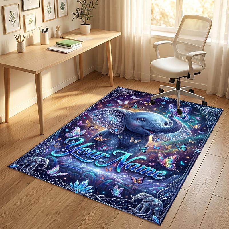 Elephant Theme Crystal Velvet Rug Personalized Custom Name Text Soft Floor Mat Home Decor