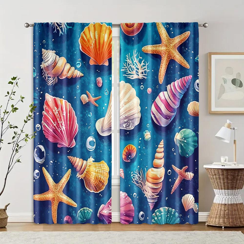 

2 pcs, filtering curtains (excluding rods, non-movable, without batteries) Colored starfish and shells in blue for use in 29x65in(75x166cm)