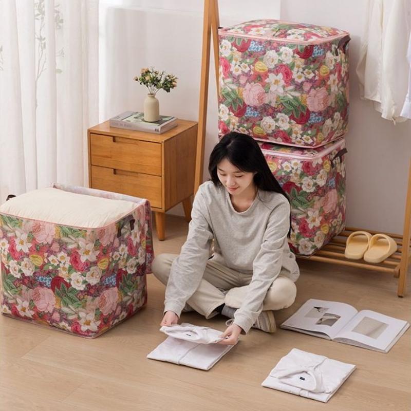 

1Pcs Floral Print Clothing Storage Bag Double Zipper Waterproof Moisture Proof Moving Bag Non-Woven Fabric Storage Pouch ONESIZE