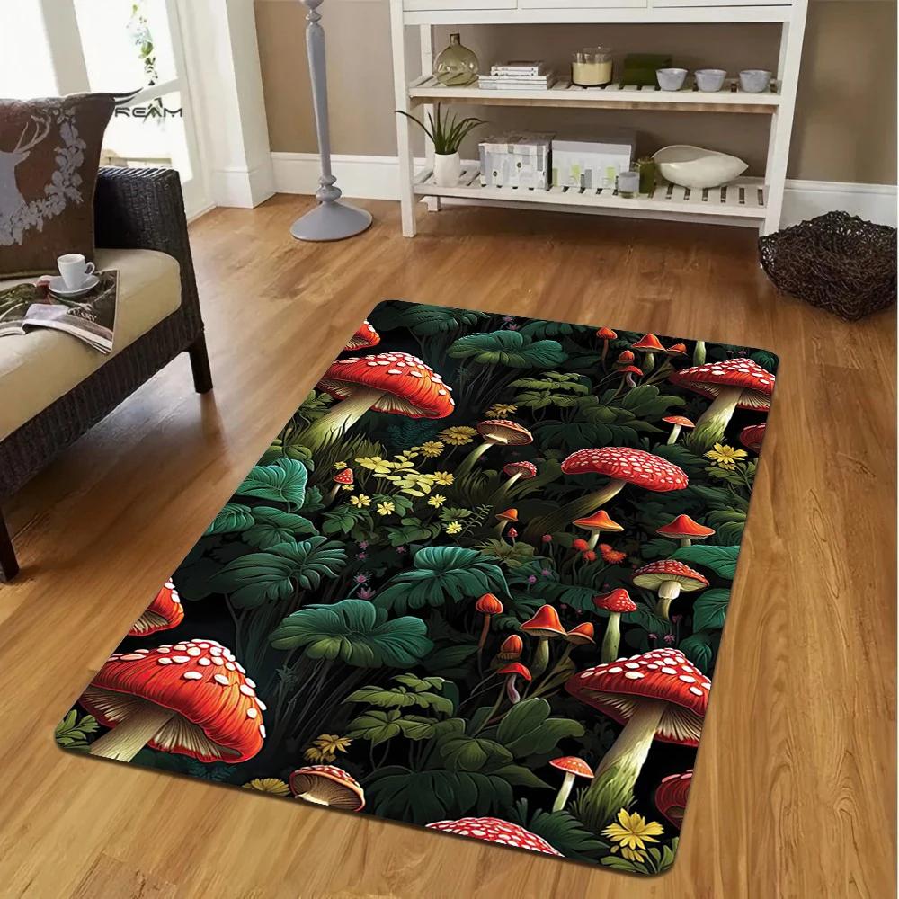 Vibrant Red Mushroom Pattern Carpet for Living Room Decor Whimsical Nonslip Soft  Mat Kitchen Coffee Table Floor Mat Washable