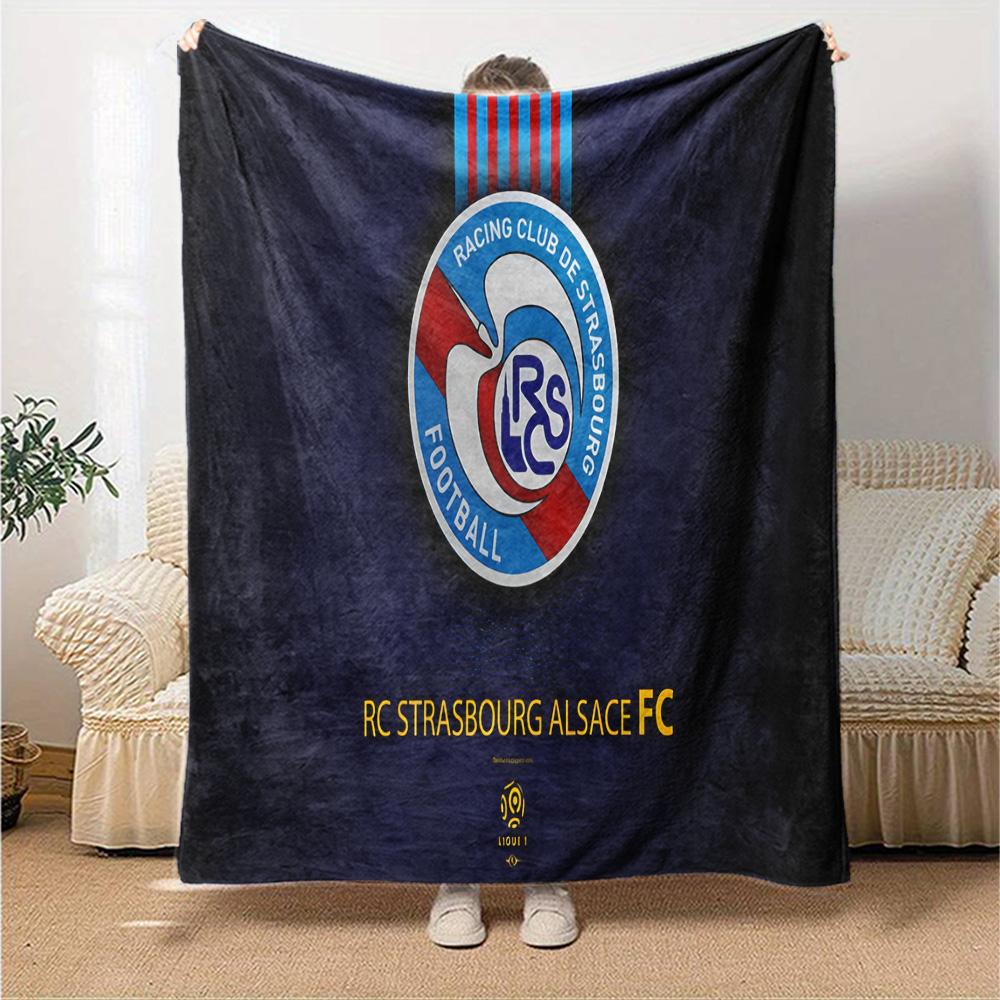 Racing Club Strasbourg Crest Flannel Blanket, Soft Polyester, Modern Design, All-Season for Camping, Travel, Gifts for Holidays or Birthdays