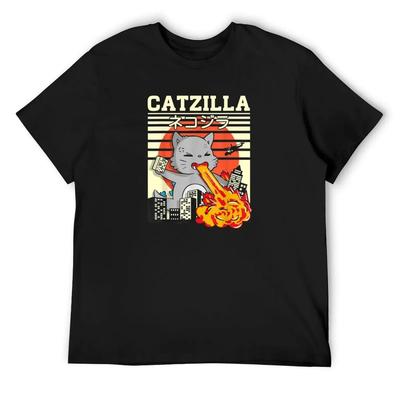 Funny Catzilla Kawaii Cat Kitten Lover Japanese Sunset T-Shirt Shirts Graphic Tees Anime T-shirt Mens Plain T Shirts