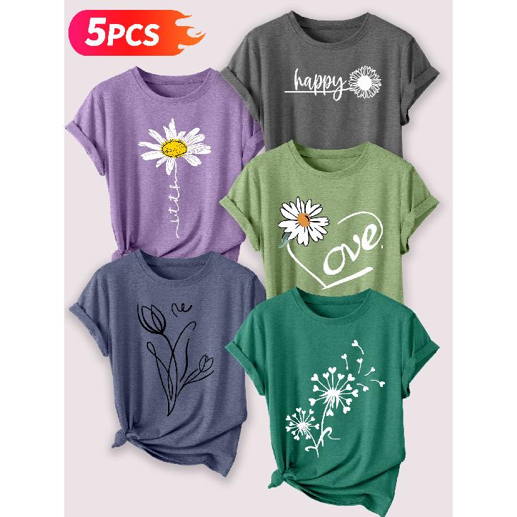 Minimalist hand-drawn small daisy fresh floral print Five-piece set of women's short-sleeve tops Elegant Summer Party Outfits Essential fashion items