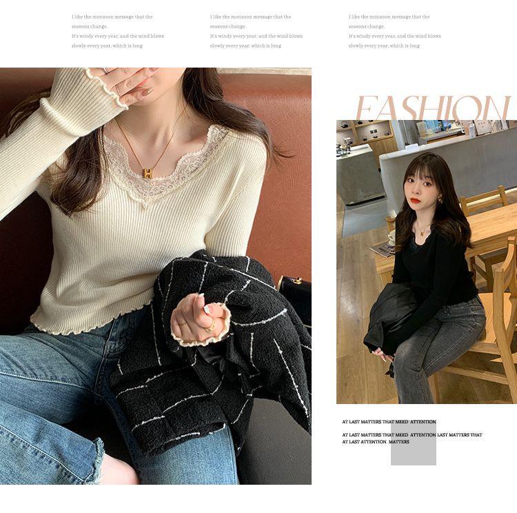 Gray Lace V-Neck Knit Sweater - Women's Slim Fit Long Sleeve Hollow Out Top for Autumn/Winter