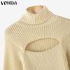 VONDA Women Turtleneck Long Sleeve Cutout Casual Fitted Knitwear Sweaters Jumpers