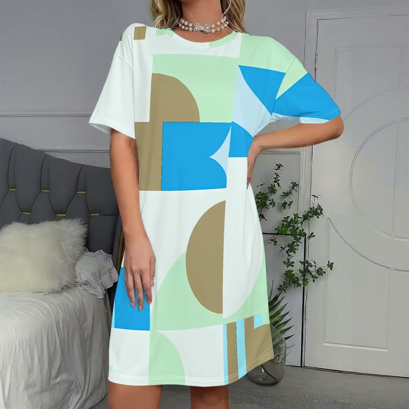 Abstract Art Print, Oversized T-Shirt Dress, Geometric Pattern, Color Block Style, Casual Loose Fit, Summer Vacation Wear