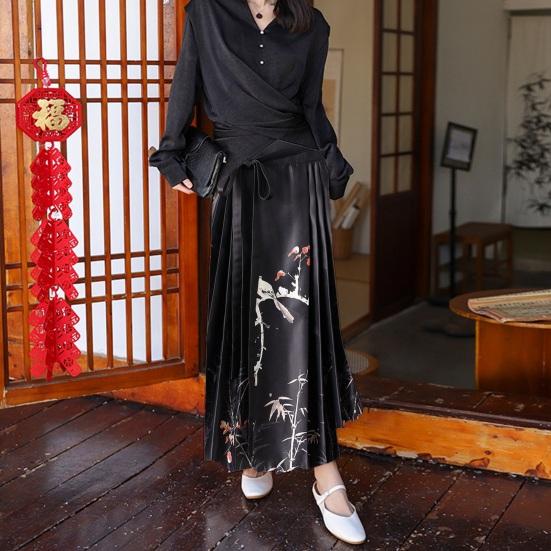 Women High Waist Vintage Elegant Flower Bird Print Pleated Lace-up Hanfu Maxi Skirt