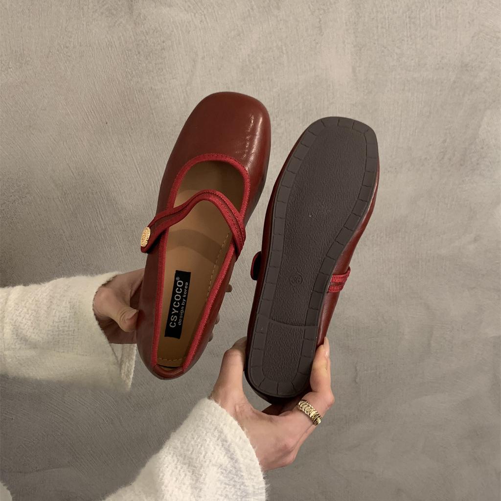 Light Mouth Red Single Shoes Female Spring and Autumn New Korean Version French Retro Fairy Style Ballet Soft Flat Mary Jane Shoes