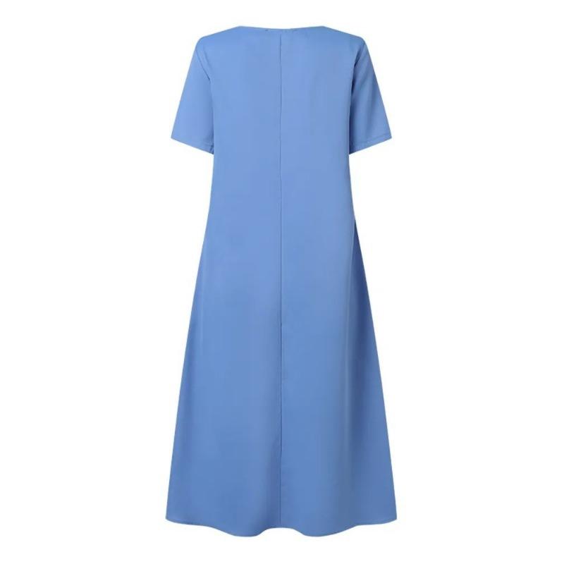 Summer O Neck Buttons A-line Loose Dress Short Sleeve Elegant Pleated Casual Dress Large Size Party Solid Color Fashion Ladies Female Simple Clothing