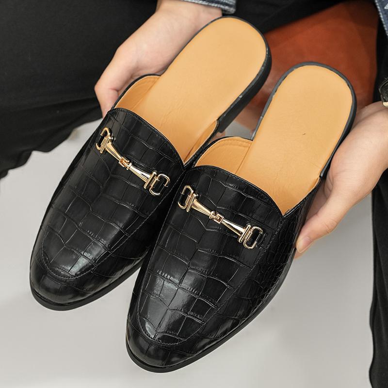 Fashion New Men's Crocodile Pattern Half Slippers Driving Shoes Casual Patent Leather Mules Moccasins Breathable Loafers Zapatos Hombre