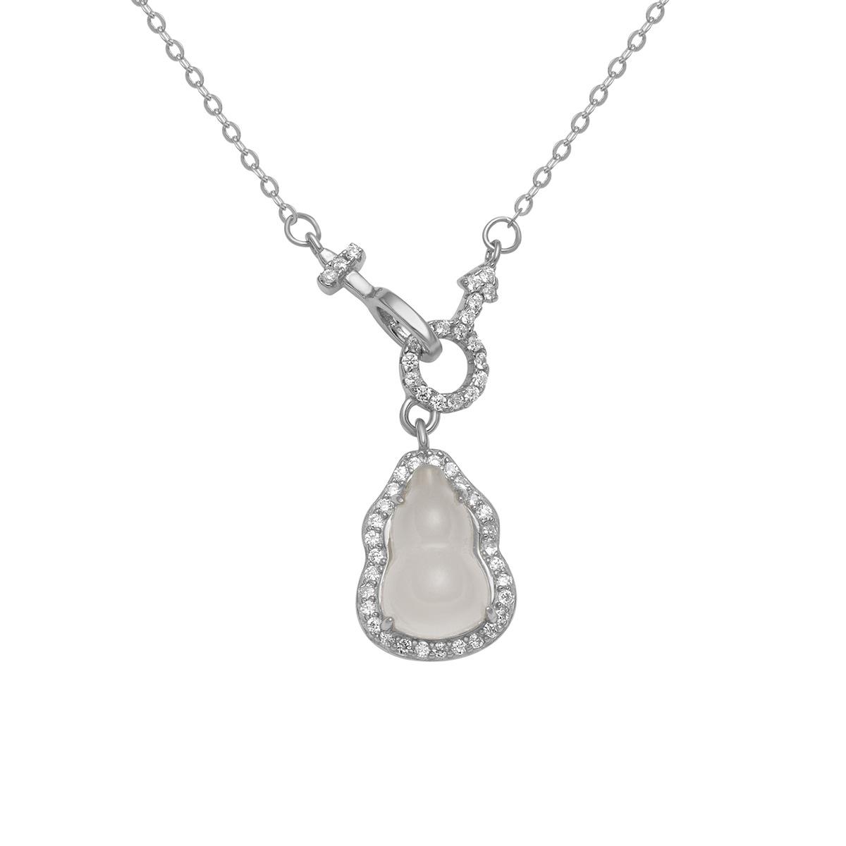 

New Chinese Style S925 Sterling Silver Natural White Chalcedony Gourd Necklace, Luxury Interlocking Clavicle Chain Jewelry For Women