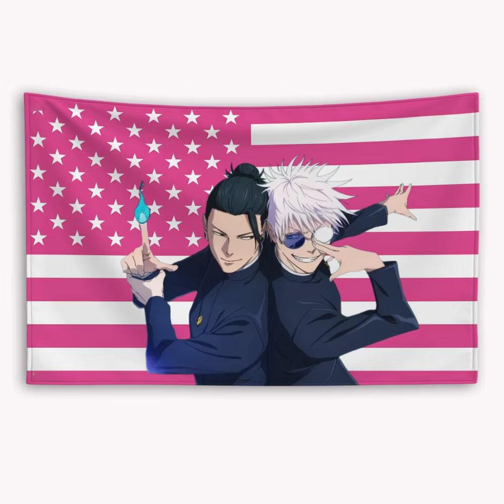 

Jujutsu Kaisen Годжо Сатору Розовый Баннер с Американским Флагом Украшение Флаги для Гаража Декоративные Предметы для Дома Наружный Декор Настенный Ковер Подвешивание 74x94cm(29x37in)