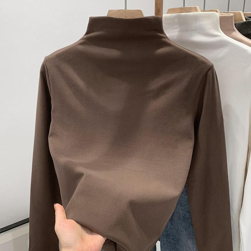 

Однотонный полувысокий воротник базовый слой женский осень зима термо модал длинный рукав облегающий топ XL коричневый