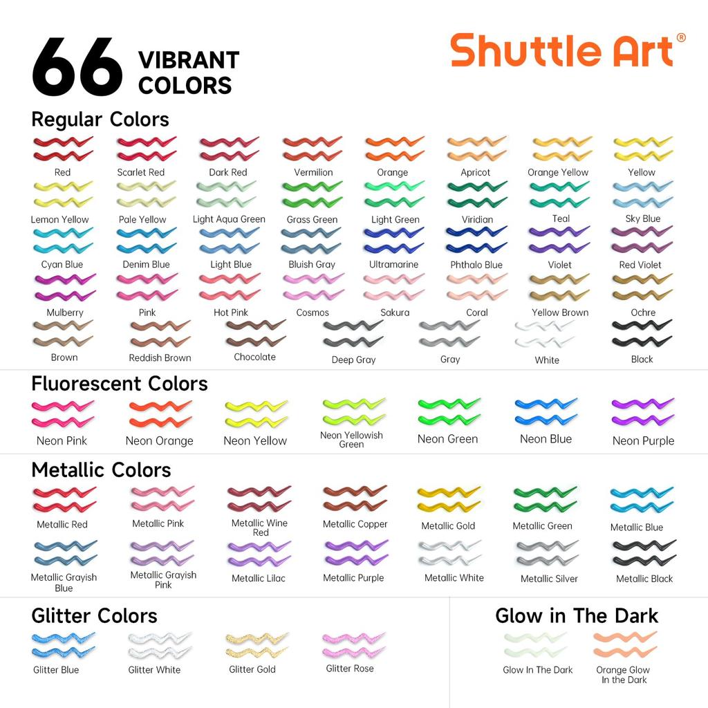 Shuttle Art Fabric Paint 3D 3D 66 Colors Set 30ml Cloth Enog Fabric Paint Metallic Color Washable Durable Comes with Paint Brush, Stencil and Palette