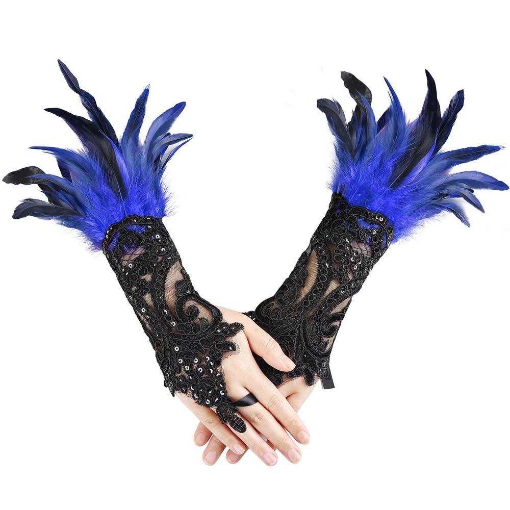 Retro Sequins Feather Lace Gloves Gothic Women Halloween Arm Sleeves Halloween Feather Gloves  Ball