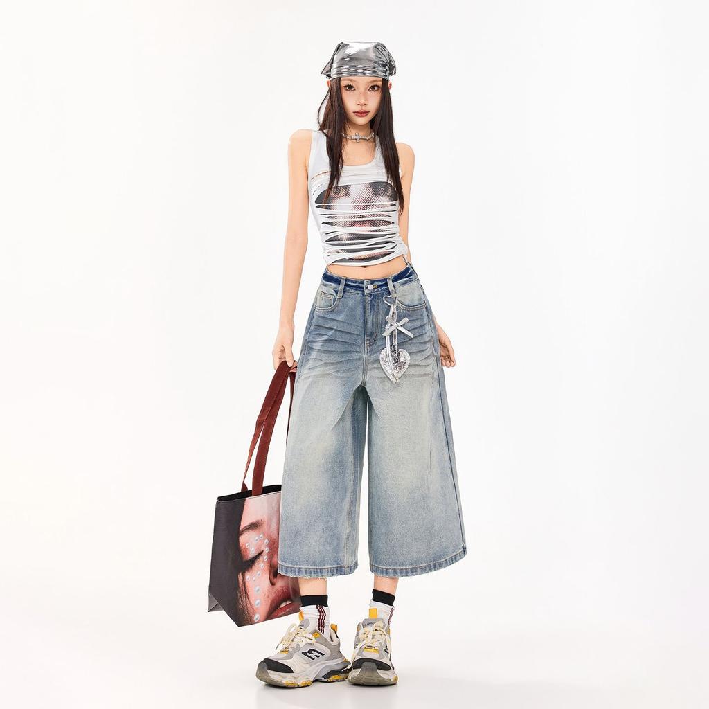 Fashion Summer Vintage Washed Distressed Loose Cropped Capri Denim Pants For Women Trendy Versatile Loose Straight Slimming AllMatch Casual Bottoms