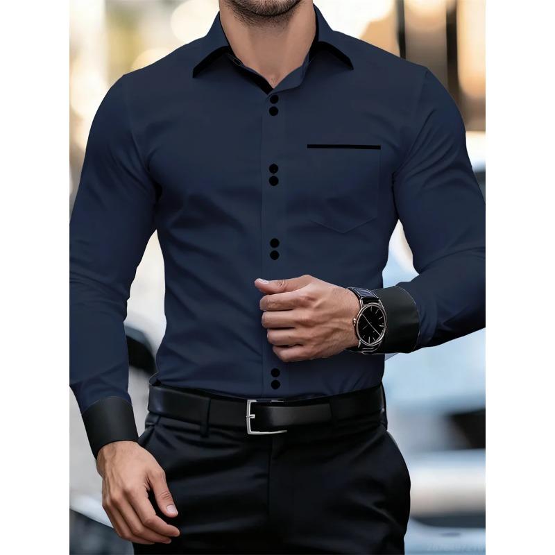 Men's Business Color Block Collar Long Sleeve Shirt, Slim Fit, Wrinkle-Free, Black and White Patchwork Shirt, Men's Fashion Top