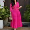 Women Elegant High Waist Turn Down Collar Long Sleeve Solid Pleated A Line Midi Dress