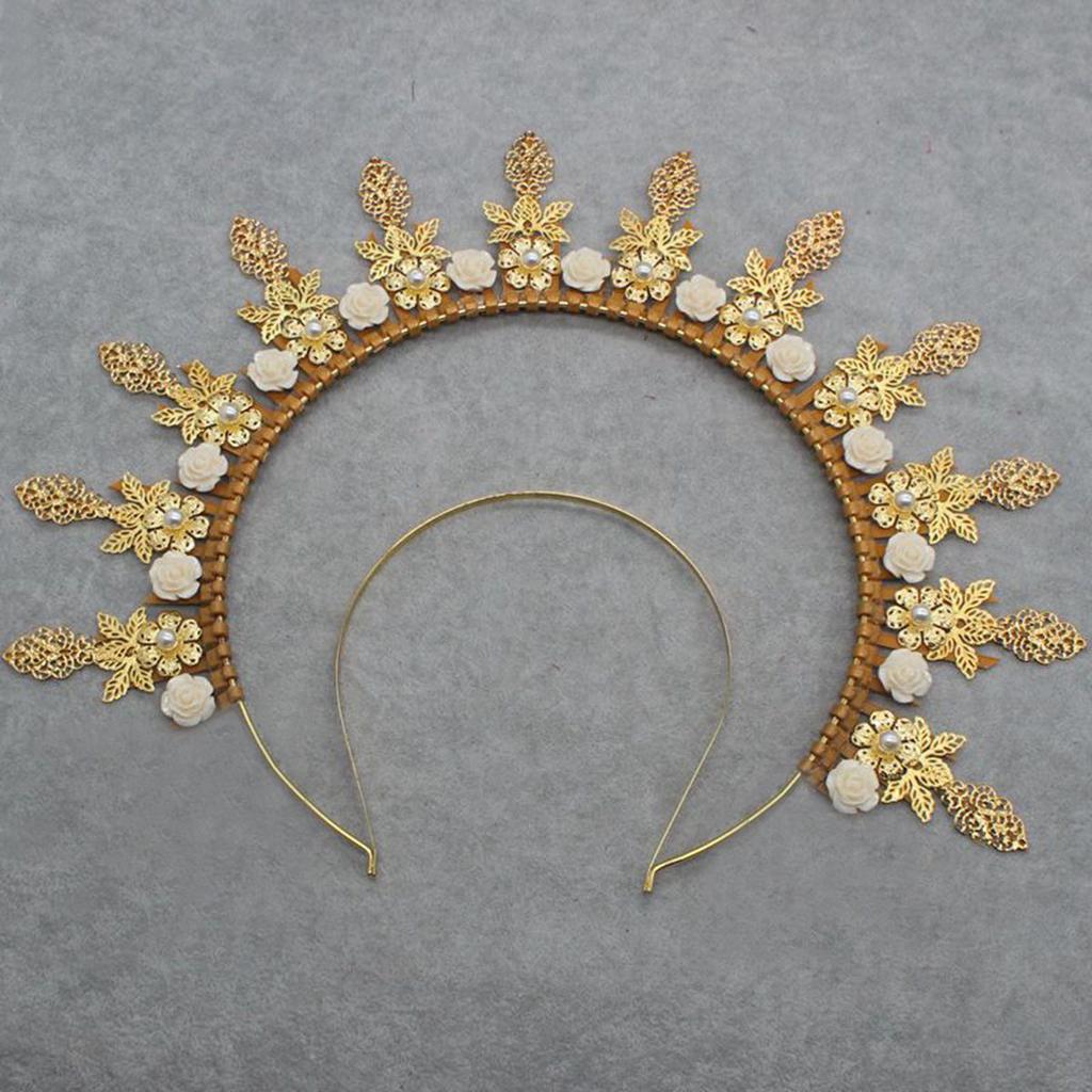 Gothic Lolita KC Halo Crown Headband Gold Leaves Flowers Headpiece Women Sun Goddess Queen Anna Baroque Angel Tiara Accessories