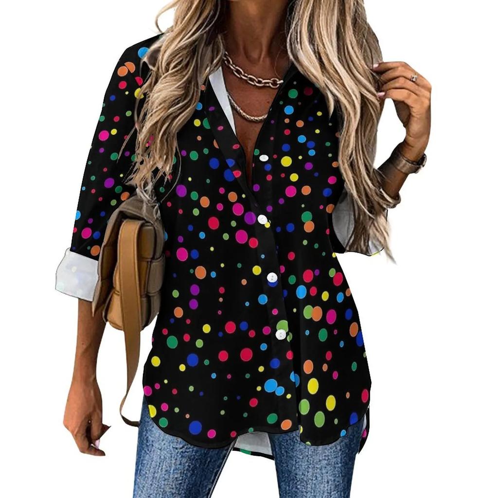 Damen gepunktetes Hemd Mode Neu Frühling und Herbst Lässig Elegant Langarm Revers Oberteil Street Style Personalisiertes Hemd