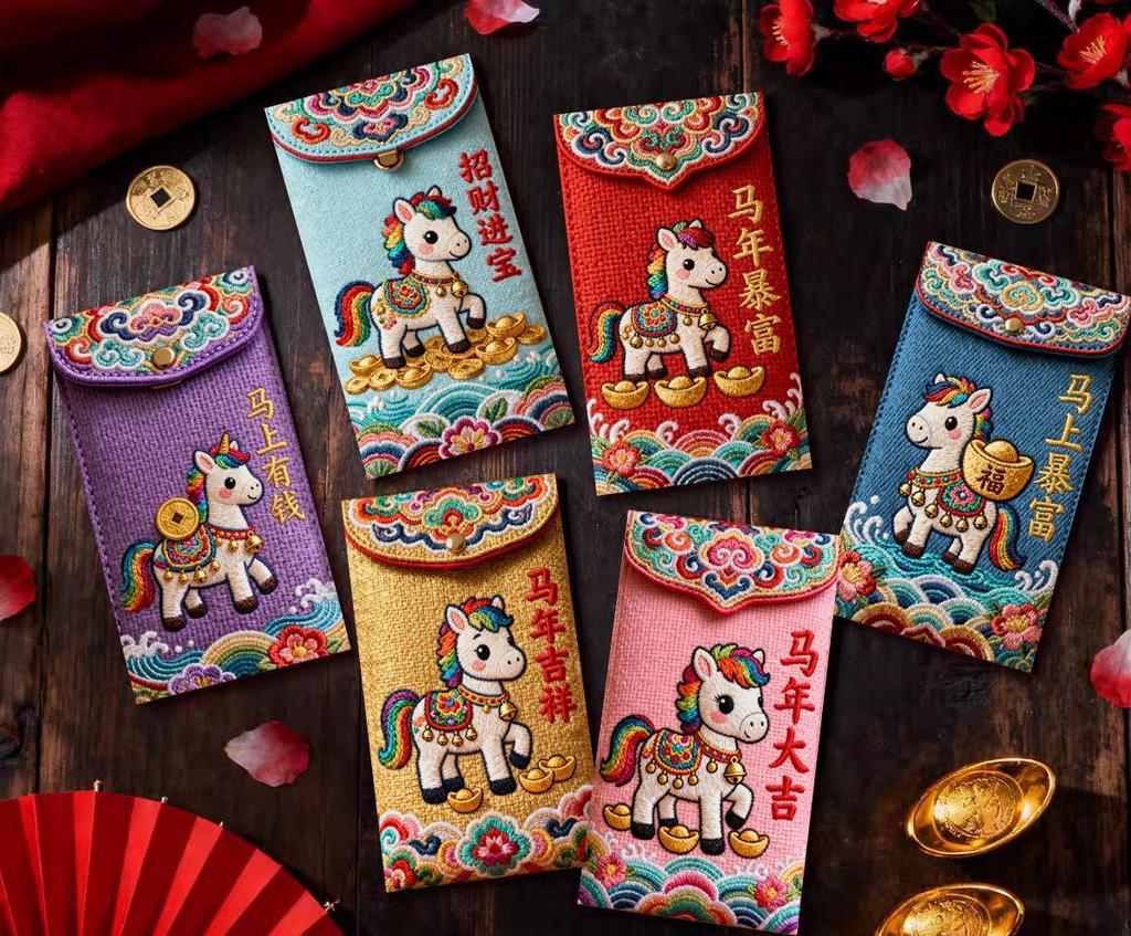 2026 Year of The Horse 5D Visual Effect Embroidered Red Packet Creative and Practical Home Décor for Lunar New Year Celebrations