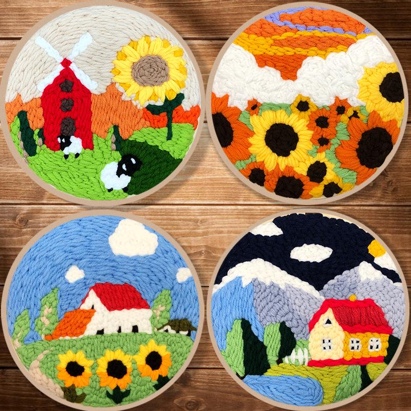DIY Embroidery Kits For Beginners Sunflower Pattern Stamped Punch Needle Set Landscape Rug Hooking Art with Fabric Yarn Hoop