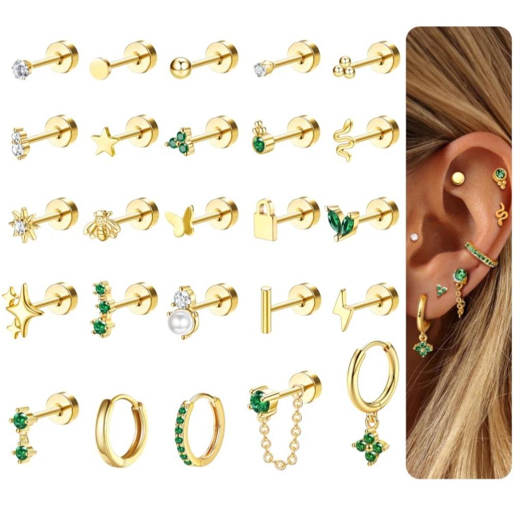 Drperfect 1pc Earrings for Sensitive Ears Surgical Steel Earrings for Women Dainty Flat Back Earring Stud Hoop Cartilage Earring