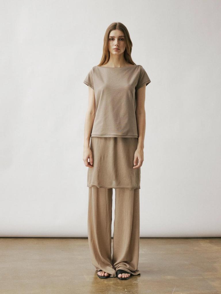 Longmei Women's Knit Wide-Leg Fake Two-Piece Elastic Waist Pants - Spring/Summer 2026 Minimalist Style Straight-Leg Trousers