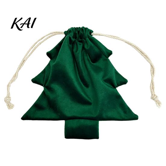 Reusable Fabric Gift Wraps Christmas Tree Shaped Bag, Drawstring Treat Goody Bags with Pompoms Durable Polyester Sacks Bells, Winter Present Wrapping