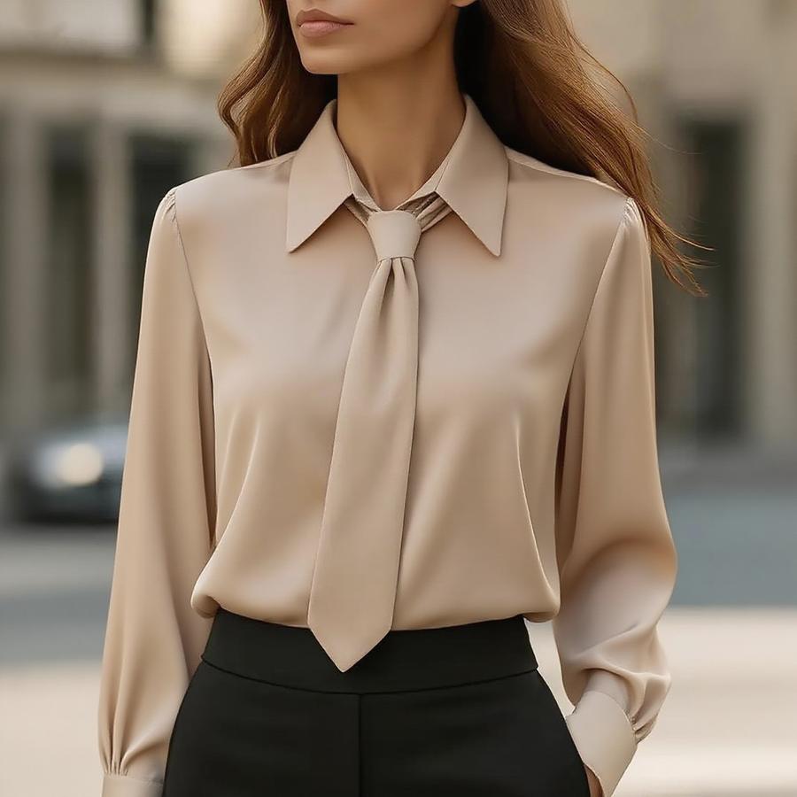 New Autumn Solid Color Casual Tie Neck Long Sleeve French Shirt Women's Blouse