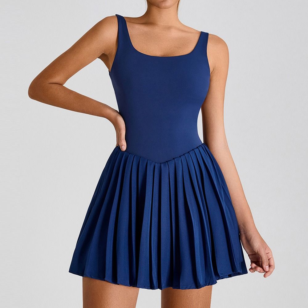 Sleeveless Women Tennis Dress Lace Up Badminton Skirts Casual Workout Romper Dress Gym Workout