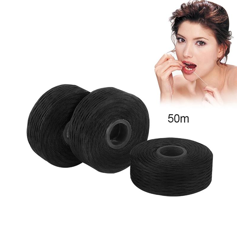 Dental Flosser Black Water-Expandable Built-In Spool Wax Mint Flavored Replacement Flat Wire Floss 50M/Roll