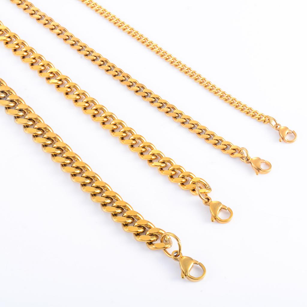 Men's Women's Gold Color Plated Stainless Steel Cuban Link Chain Bracelet for Hand Anklet High Quality Metal Wristband Jewelry