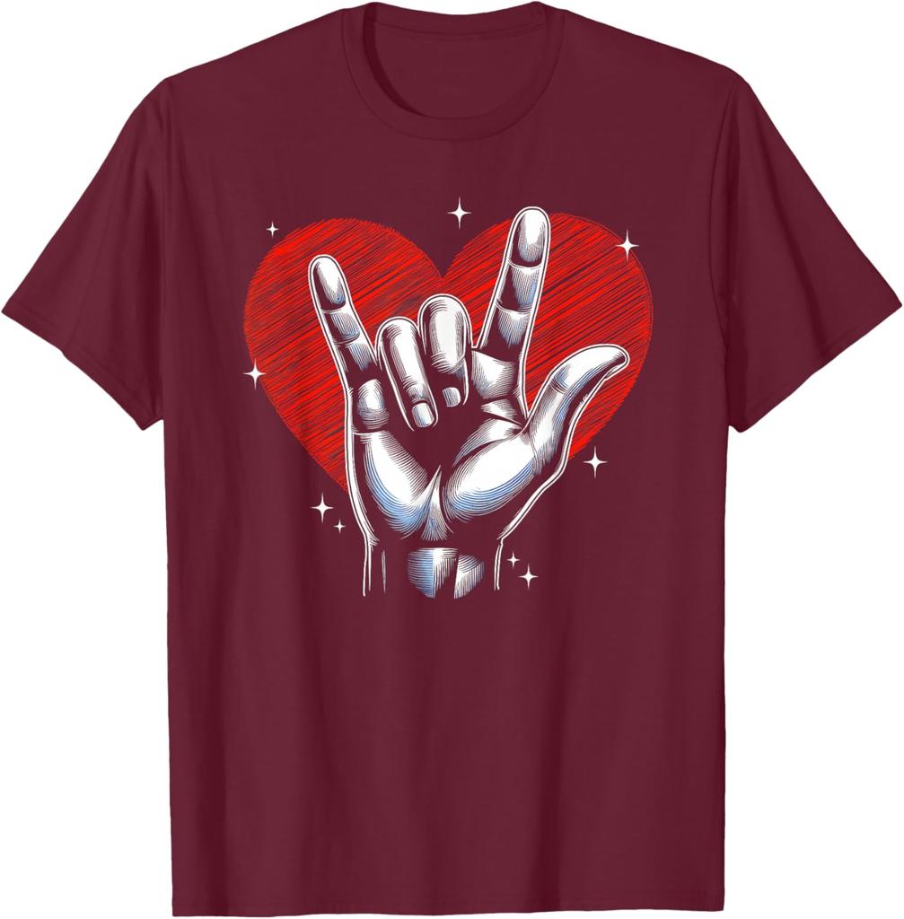 I Love You Hand Sign Rock Gesture Heart Graphic Print Short Sleeve T-Shirt Casual Daily Cotton Tee