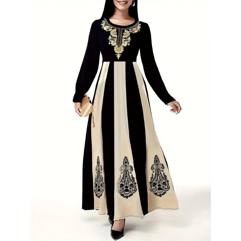 Autumn and Winter Dress Round Neck Long Sleeve Printed A-line Waisted Large Swing Dress Large Size Temperament Women Long