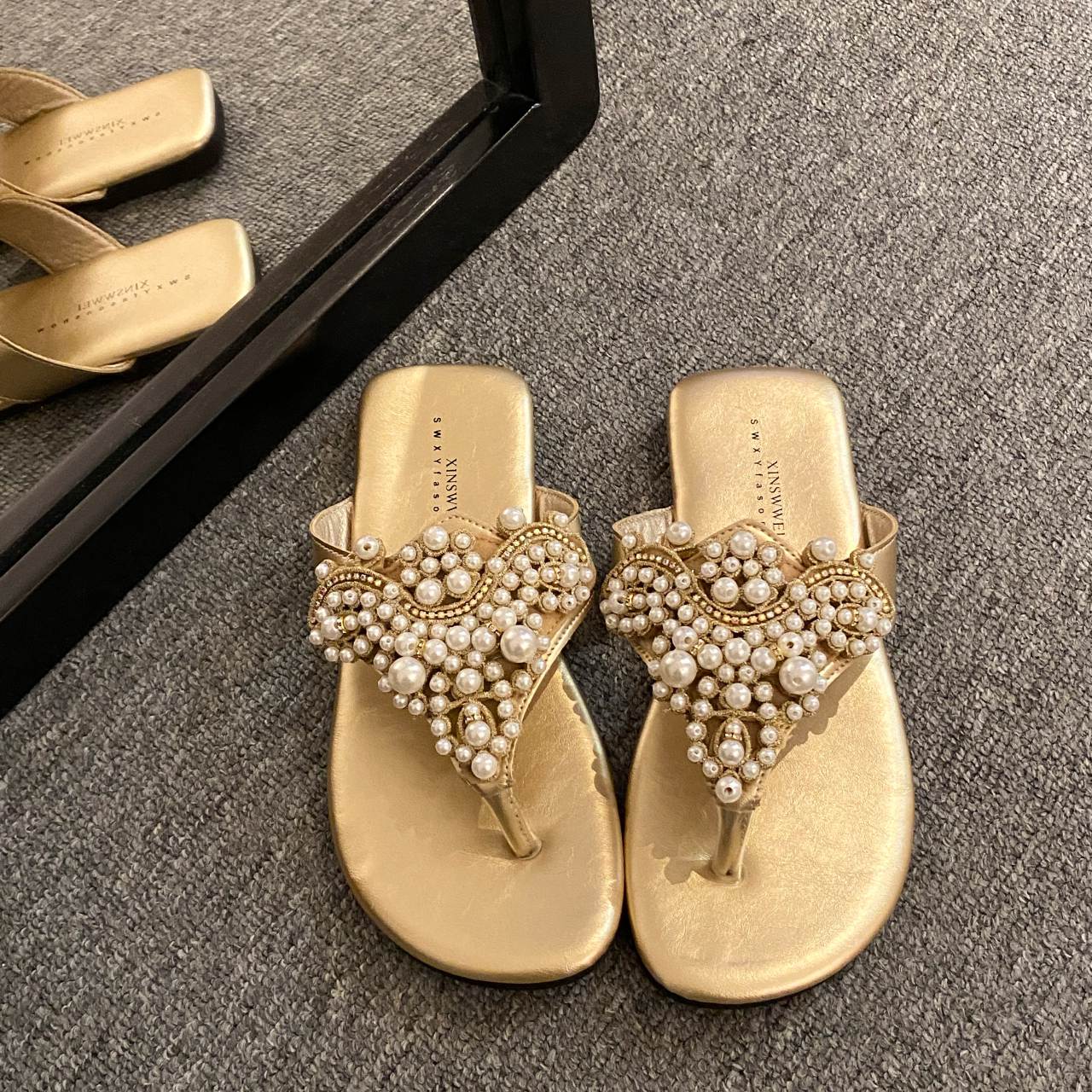 

Fashion Bead Women Slippers Flat Sandals Flip Flops Casual Shoes Woman Summer 2025 Trend Beach Open Toe Comfort Clip Toe Slides Mujer 40 золотой