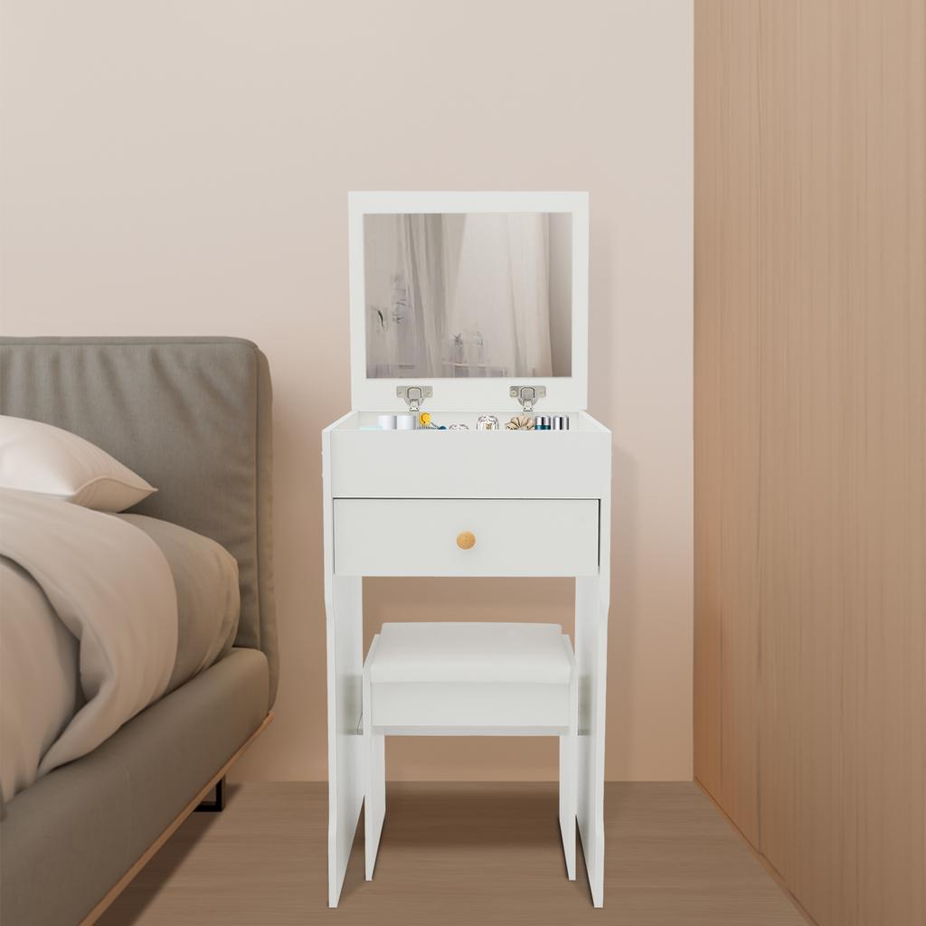 Vanity Table w/ Flip-Top Mirror, Warm White Makeup Vanity with Hidden Storage Compartments & Padded Stool, Sturdy Dressing Table
