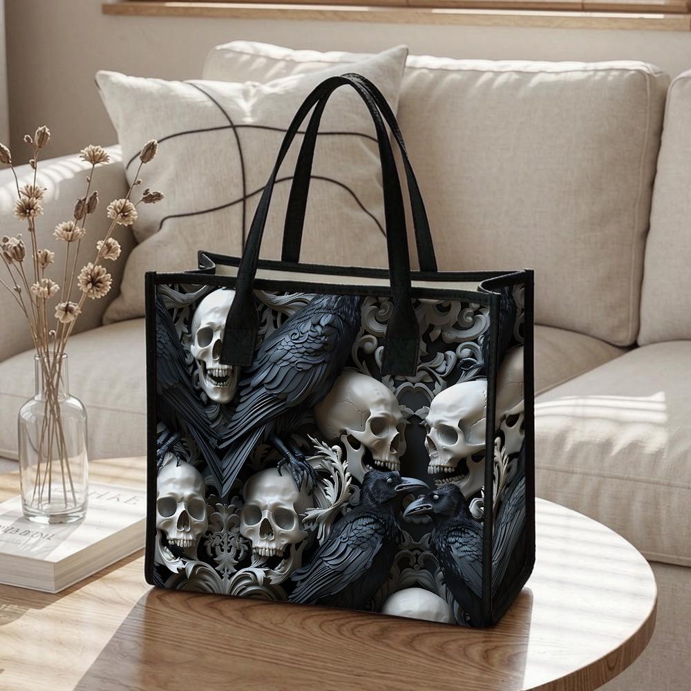 Gothic Skull Raven Pattern Daily Tote Bag Dark Style Fashion Casual Shoulder Bag
