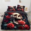 Skull Rose Duvet Cover Set, Gothic Skeleton Bedding Set, Soft Microfiber Quilt Cover Pillowcase, King Queen Size