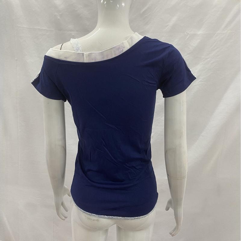 Evropské a americké horké dívky letní tričko s V-výstřihem, krajkovým patchworkem a zeštíhlujícím efektem na ramena