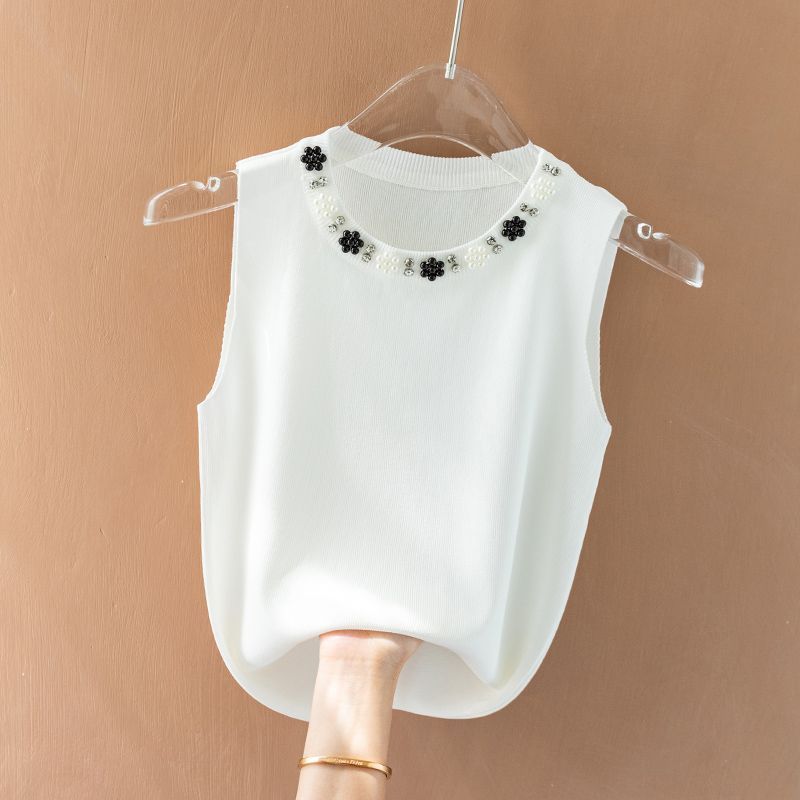 

Womens Pearl Beaded Flower Knit Tank Top Crew Neck Sleeveless Sweater onesize білий