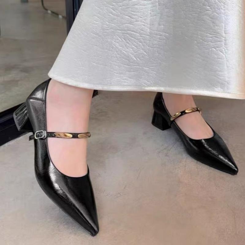 Metallschnalle Einriemen Blockabsatz Einzelne Schuhe Herbst Neu Spitzschuh Flachmaul Rutschfest Kitten Heel Schuhe