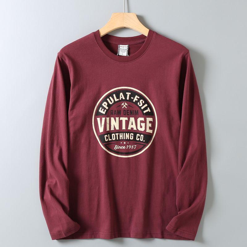 American Retro Printed Pure Cotton Washed Brushed Round Neck Long-Sleeve T-Shirt for Men, Autumn Export Export Product, Inner Layer Base Shirt
